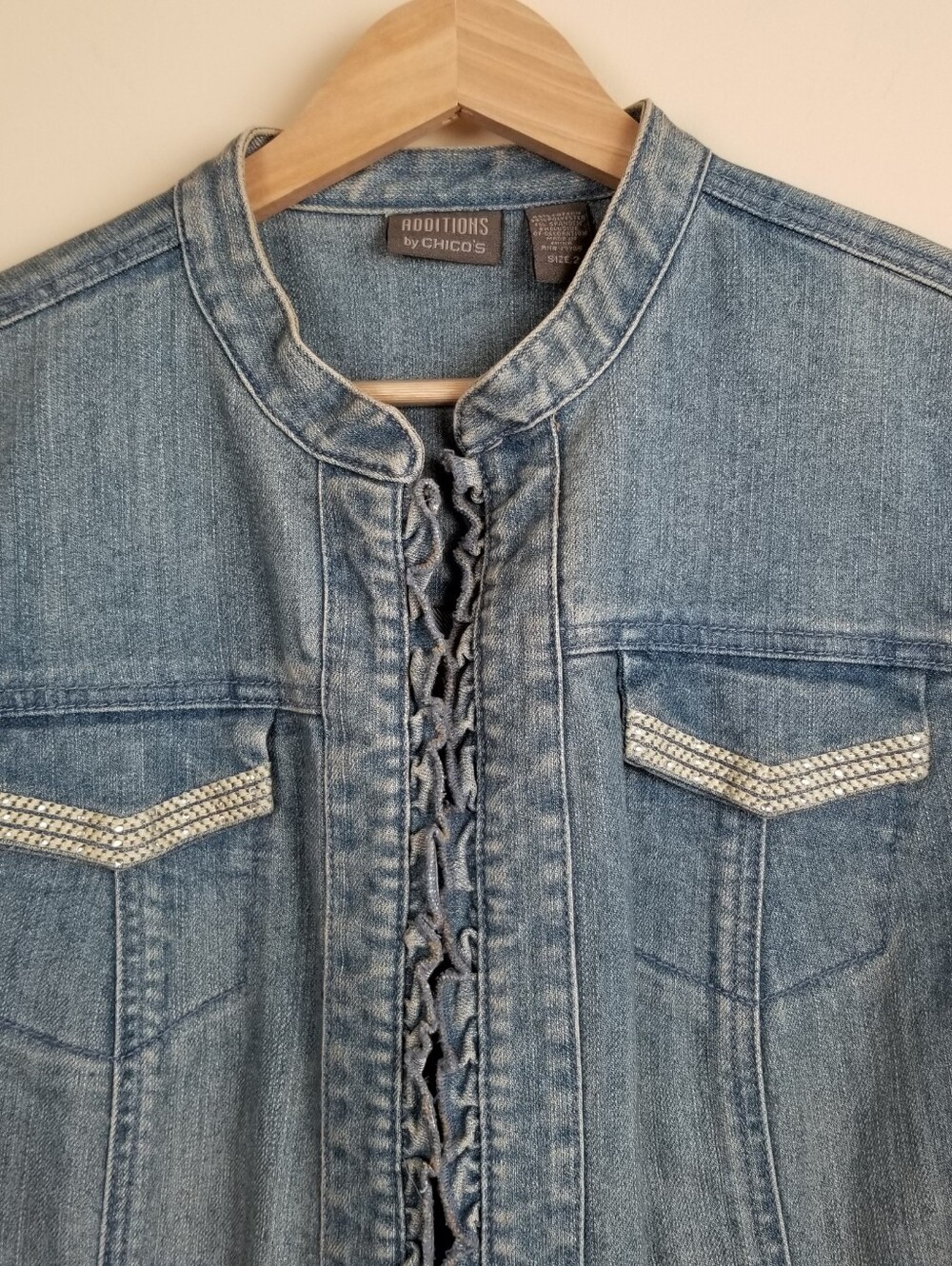 Chico's Additions Denim Jacket Ruffle Rhinestone Detail Size Large - Picture 3 of 6